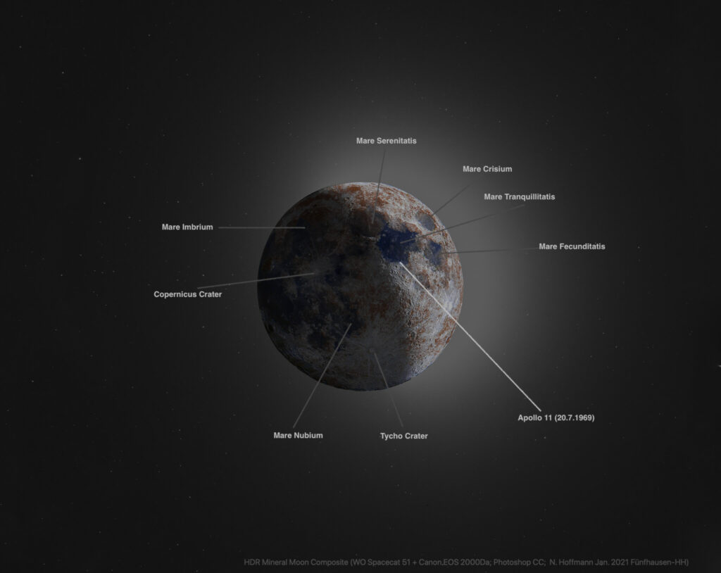 Mond mit Beschriftung der Mineralien